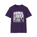 Purple vegan t-shirt with animal graphic and text 'animal lover terms and conditions don't apply'