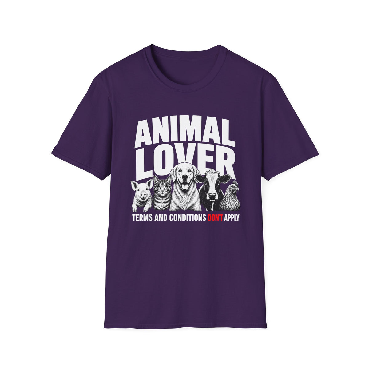Purple vegan t-shirt with animal graphic and text 'animal lover terms and conditions don't apply'