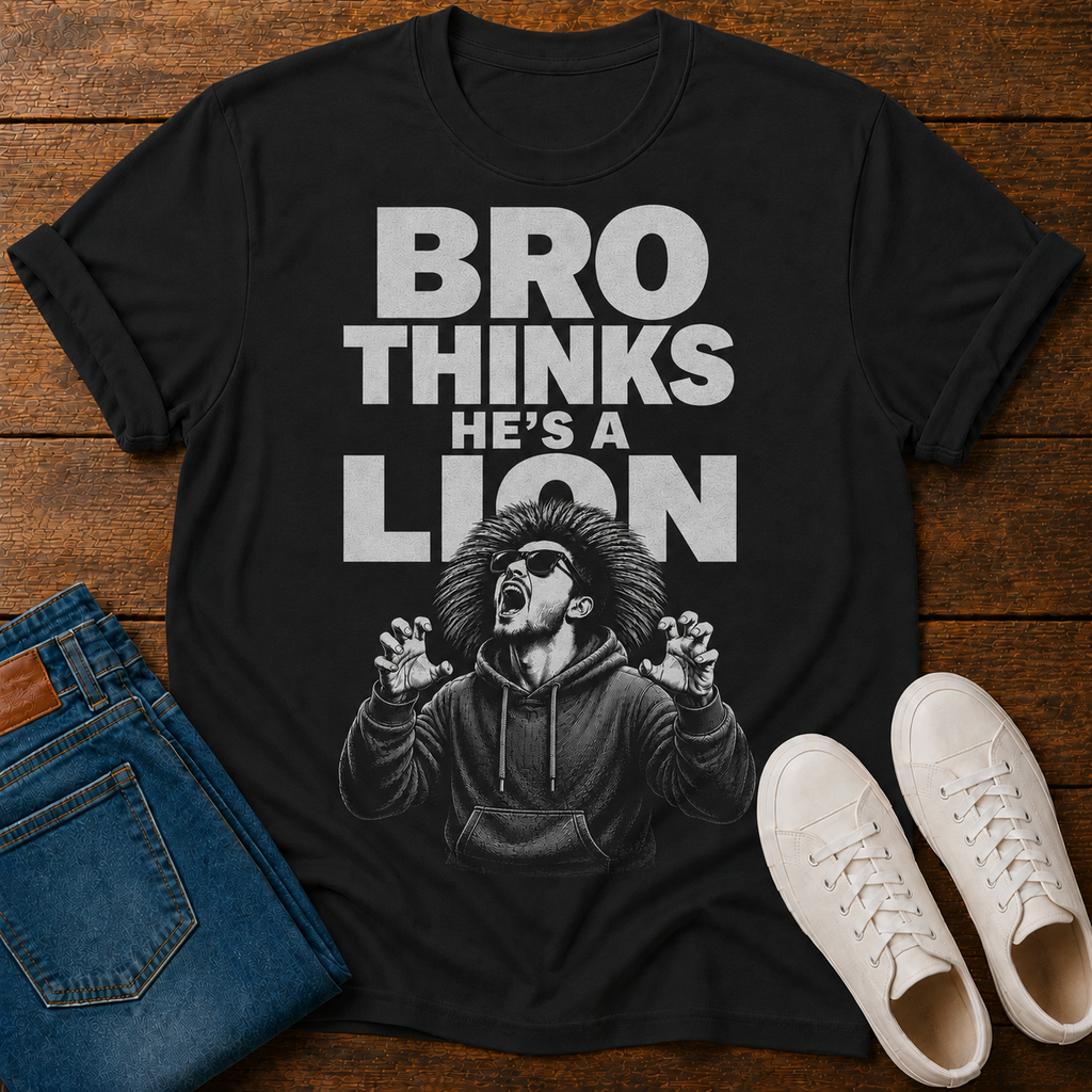 A black graphic t-shirt laid flat on a wooden surface, styled with blue jeans and white sneakers. The t-shirt features a bold white text graphic reading 'BRO THINKS HE'S A LION' above a black-and-white illustration of a man in a hoodie looking dramatic.