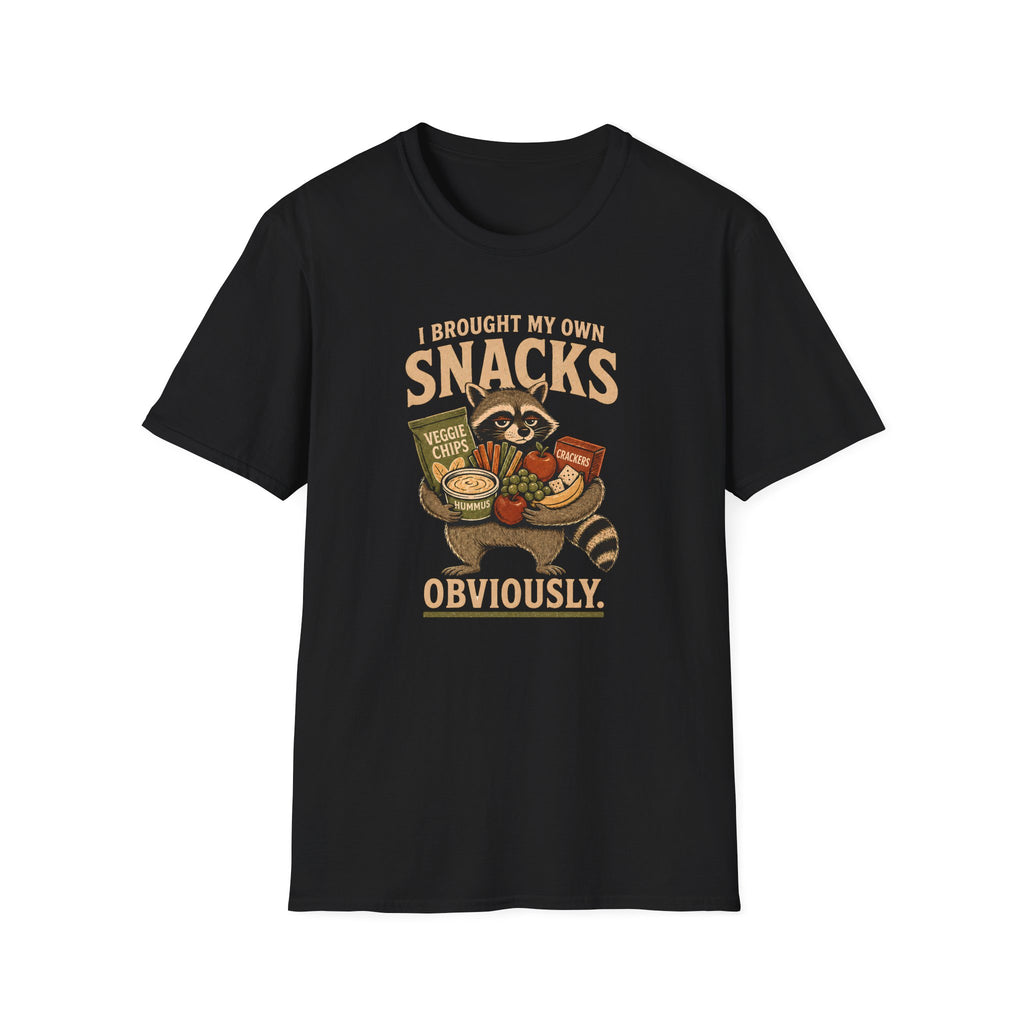 A black short-sleeve crewneck t-shirt featuring a vintage-style graphic of a raccoon holding a basket of snacks with the text 'I BROUGHT MY OWN SNACKS OBVIOUSLY.' printed on the front.