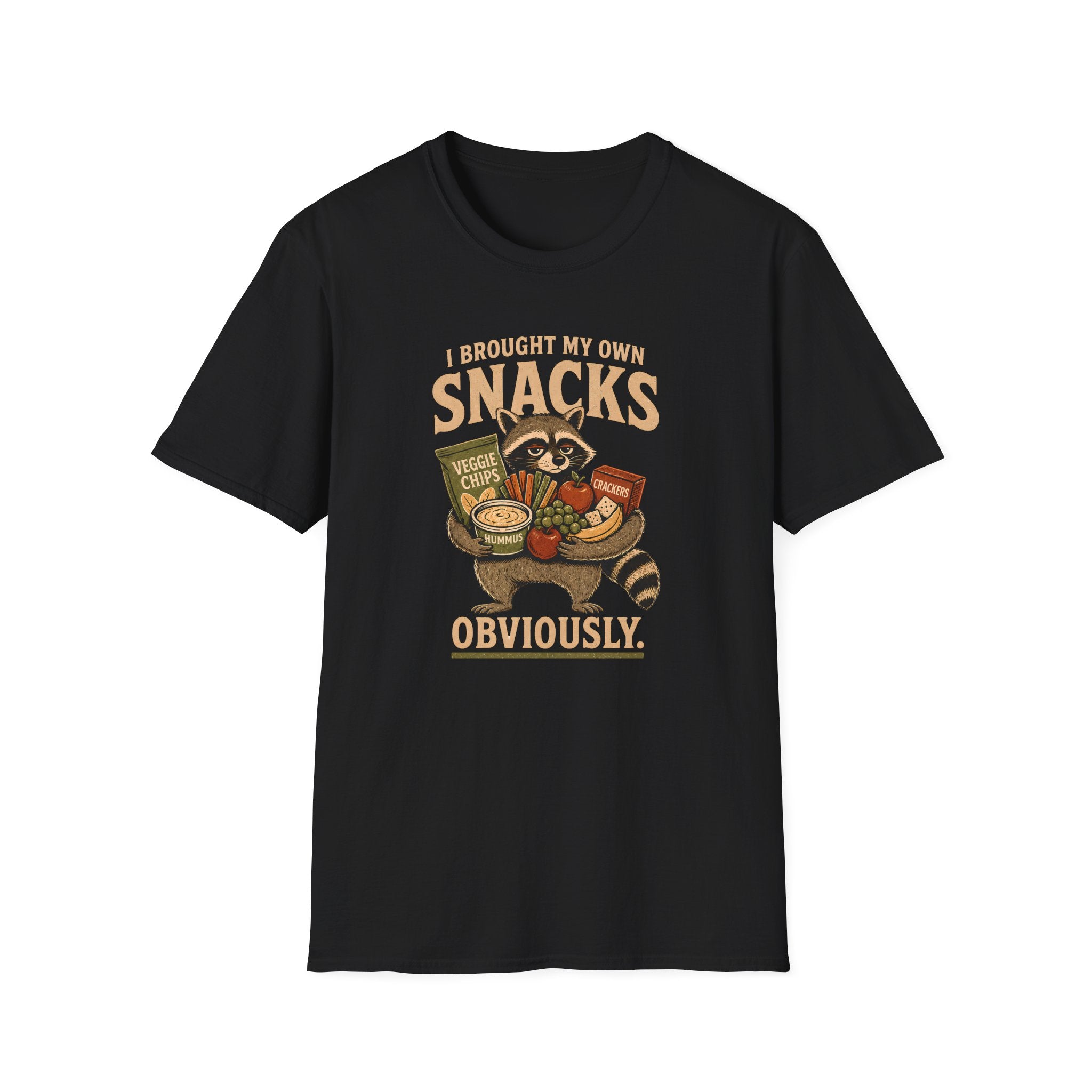 A black short-sleeve crewneck t-shirt featuring a vintage-style graphic of a raccoon holding a basket of snacks with the text 'I BROUGHT MY OWN SNACKS OBVIOUSLY.' printed on the front.