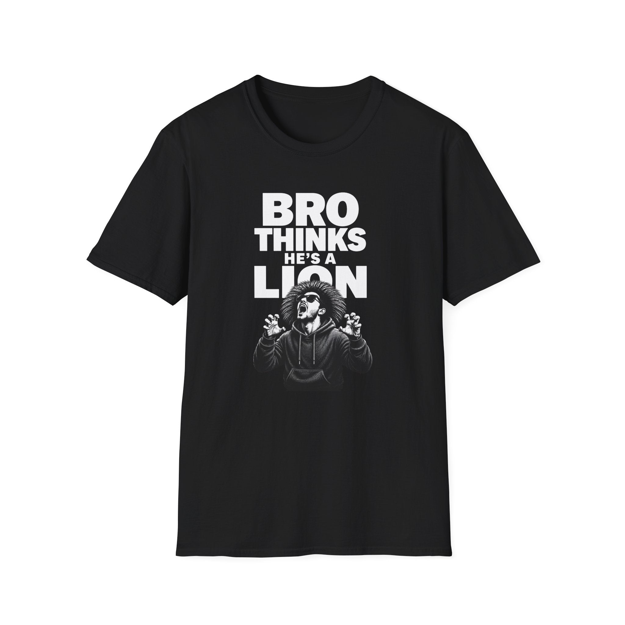 A black short-sleeve crewneck t-shirt with a white graphic print on the front. The text reads 'BRO THINKS HE'S A LION' above an illustration of a man with a beard and sunglasses looking surprised.