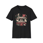A black short-sleeve graphic T-shirt The shirt features a large front print with illustrated farm animals and the text 'FEMINIST FOR ALL ANIMALS YES, ALL OF THEM.