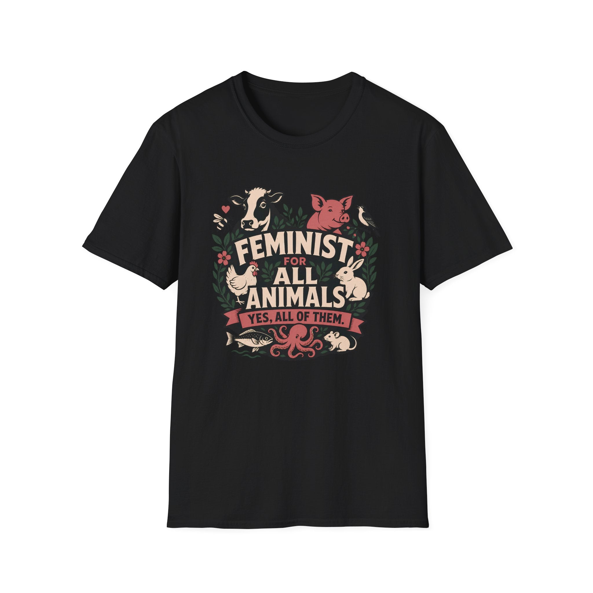A black short-sleeve graphic T-shirt The shirt features a large front print with illustrated farm animals and the text 'FEMINIST FOR ALL ANIMALS YES, ALL OF THEM.