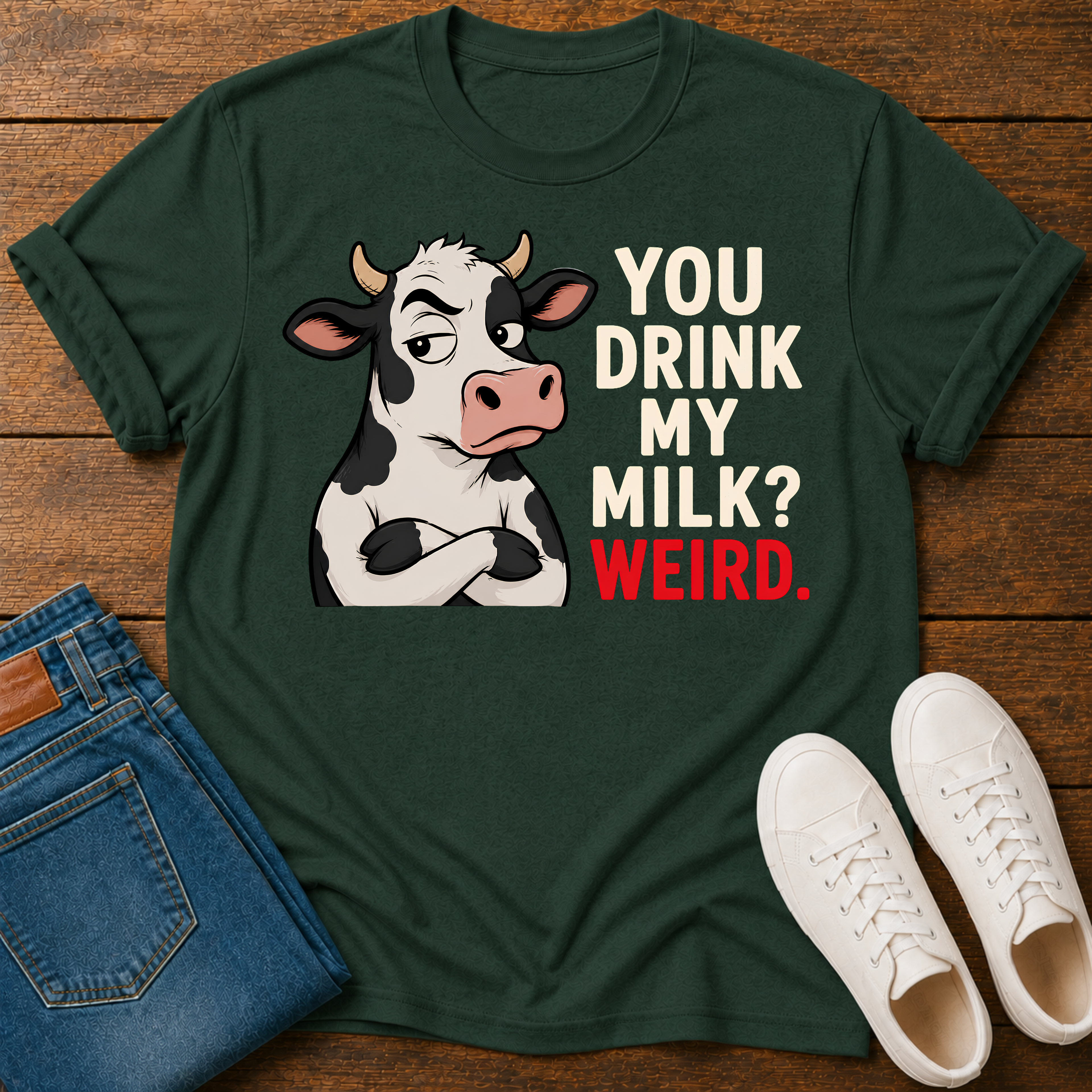 A dark green short-sleeve crewneck t-shirt featuring a graphic of a cartoon cow with crossed arms next to the text 'YOU DRINK MY MILK? WEIRD.' in cream and red lettering, shown on a plain white background.