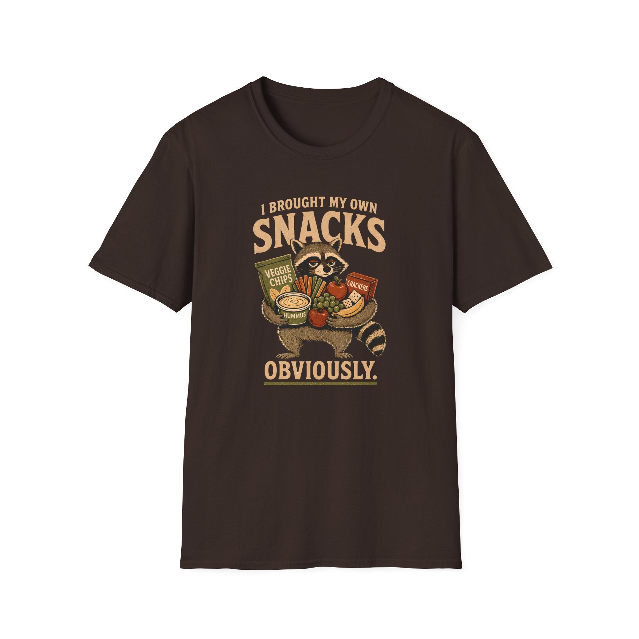 A dark brown short-sleeve t-shirt with a vintage-style graphic of a raccoon holding various snacks, with the text 'I BROUGHT MY OWN SNACKS OBVIOUSLY.' printed on the front.