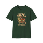 A dark green graphic t-shirt  The t-shirt features a cartoon raccoon holding various snacks with the text 'I BROUGHT MY OWN SNACKS OBVIOUSLY.