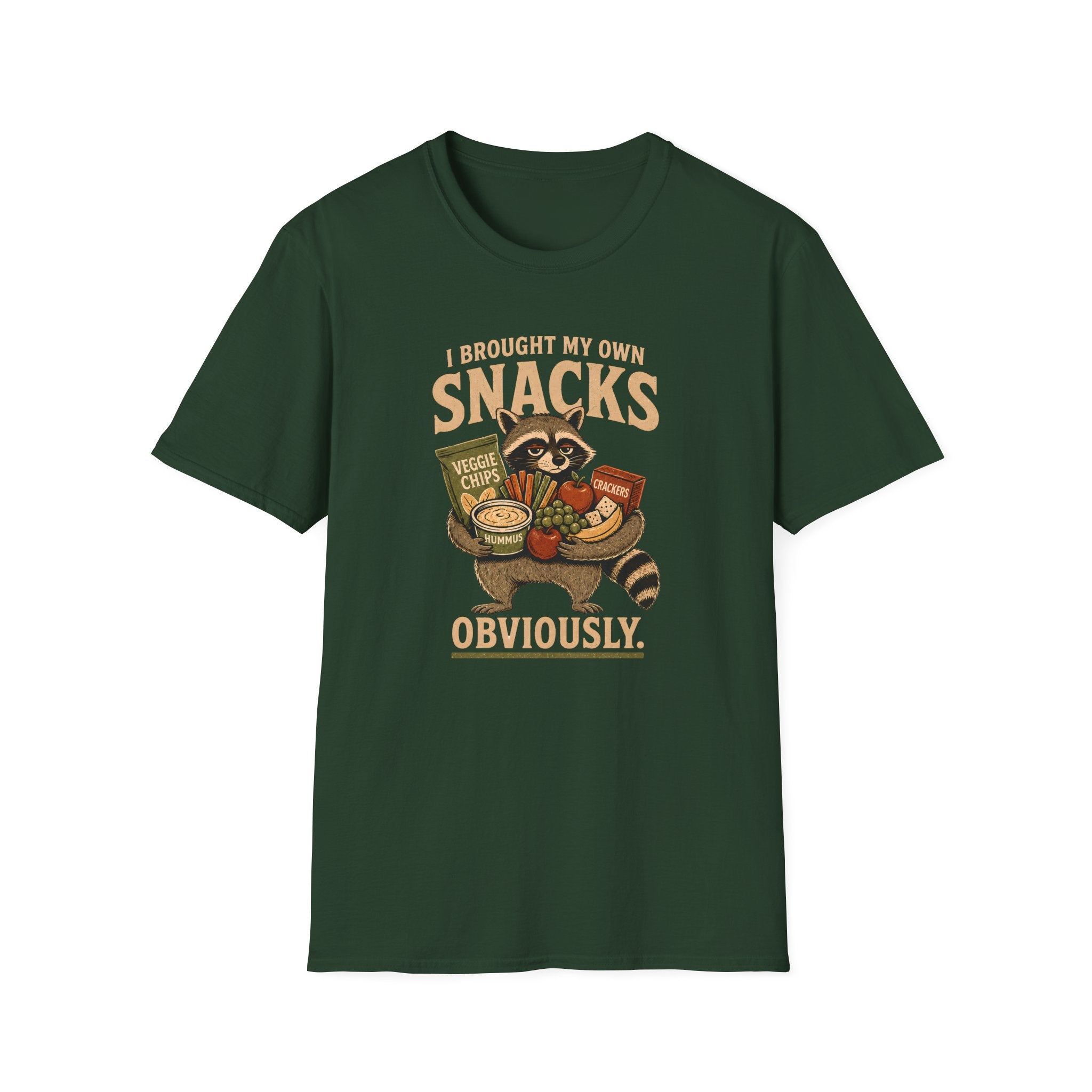 A dark green graphic t-shirt  The t-shirt features a cartoon raccoon holding various snacks with the text 'I BROUGHT MY OWN SNACKS OBVIOUSLY.