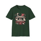 A dark green short-sleeve graphic T-shirt The shirt features a large front print with illustrated farm animals and the text 'FEMINIST FOR ALL ANIMALS YES, ALL OF THEM.