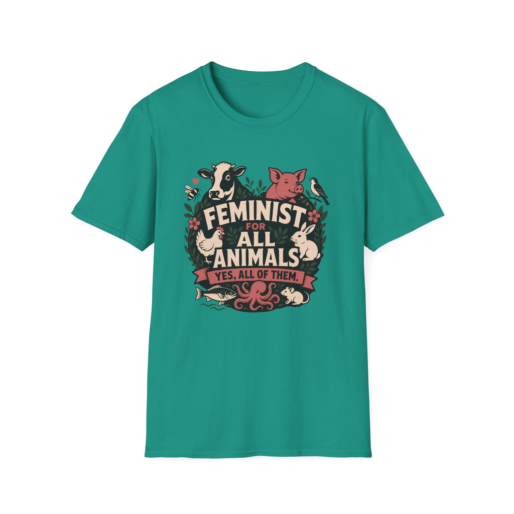 A teal green short-sleeve crewneck t-shirt featuring a central graphic print with the text 'FEMINIST FOR ALL ANIMALS' and illustrations of various farm animals including a cow, pig, rabbit, chicken, and a bird.