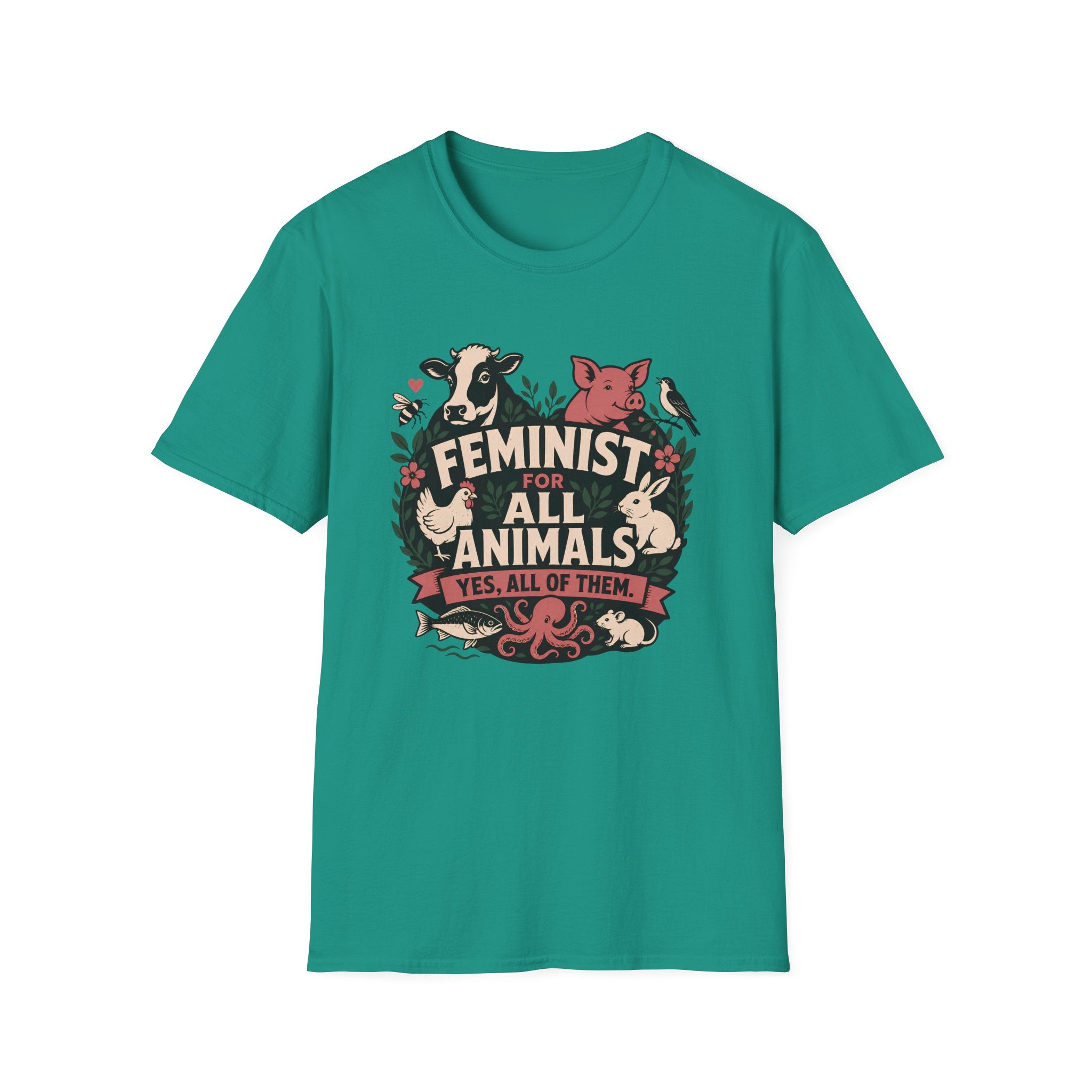 A teal green short-sleeve crewneck t-shirt featuring a central graphic print with the text 'FEMINIST FOR ALL ANIMALS' and illustrations of various farm animals including a cow, pig, rabbit, chicken, and a bird.