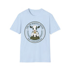 A light blue short-sleeve crewneck t-shirt featuring a circular graphic print of a black and white cow with a gold halter. The graphic text reads 'FOR THE RIGHTFUL OWNER' and 'NOT YOUR BOTTLE' with 'RESERVED' on a gold banner below.