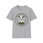 A light gray heather crewneck t-shirt featuring a circular graphic print of a black and white cow with the text 'FOR THE RIGHTFUL OWNER' and 'NOT YOUR BOTTLE' in a green and gold emblem.