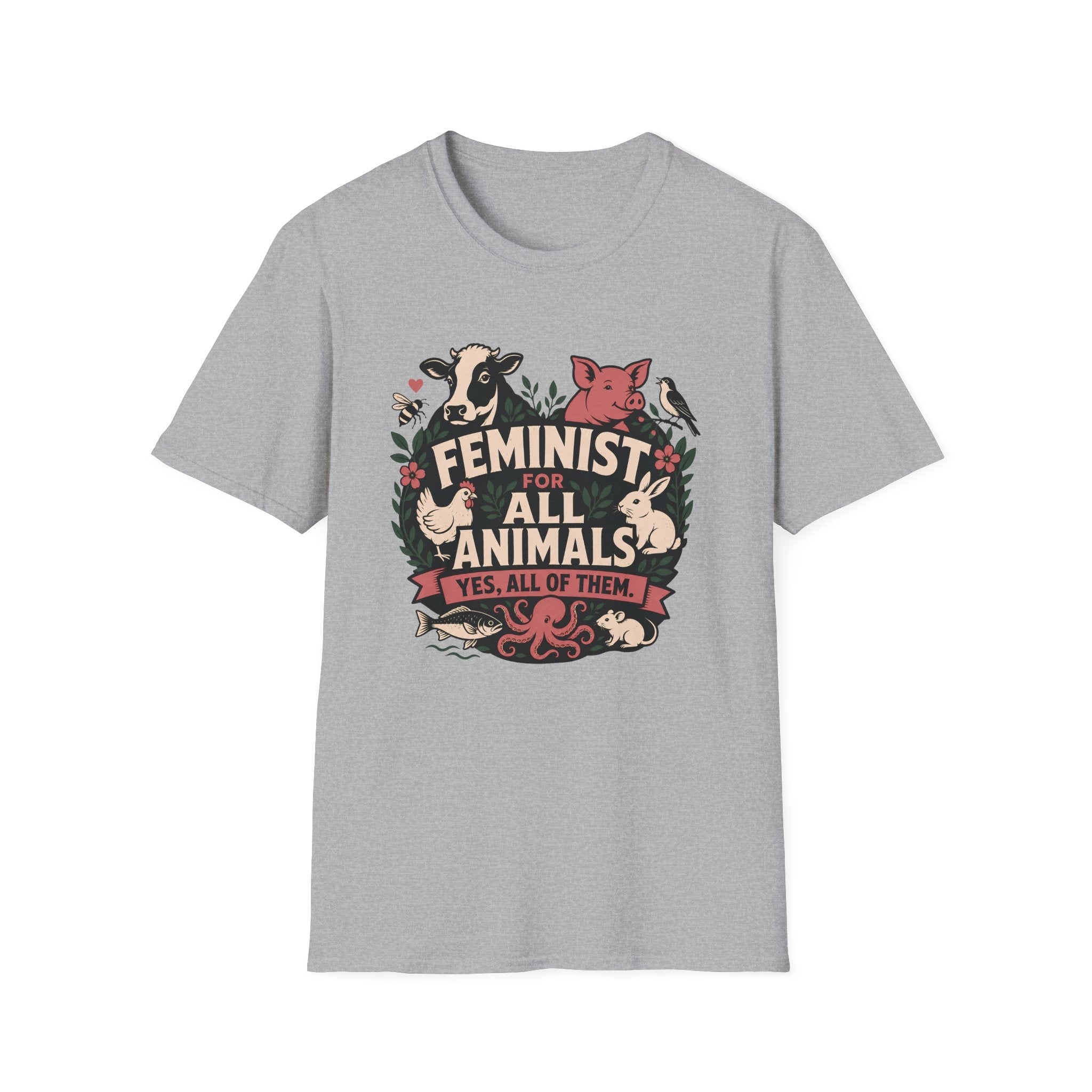 A light heather gray short-sleeve t-shirt with a central graphic print featuring the text 'FEMINIST FOR ALL ANIMALS' and 'YES, ALL OF THEM' surrounded by illustrated animals and flowers.