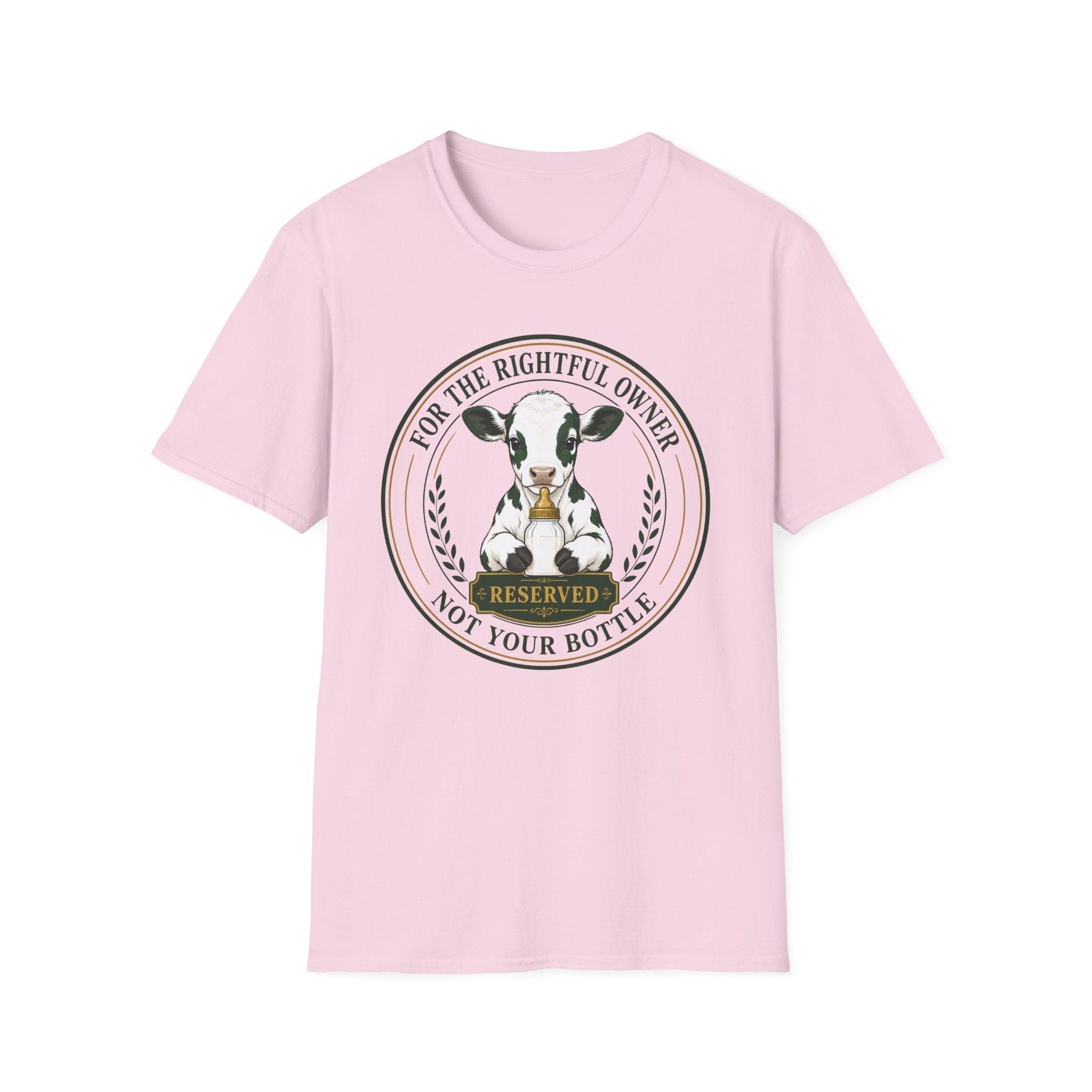 A light pink short-sleeve crewneck t-shirt featuring a circular graphic print of a black and white cow with a bell and the text 'FOR THE RIGHTFUL OWNER NOT YOUR BOTTLE' and 'RESERVED'.