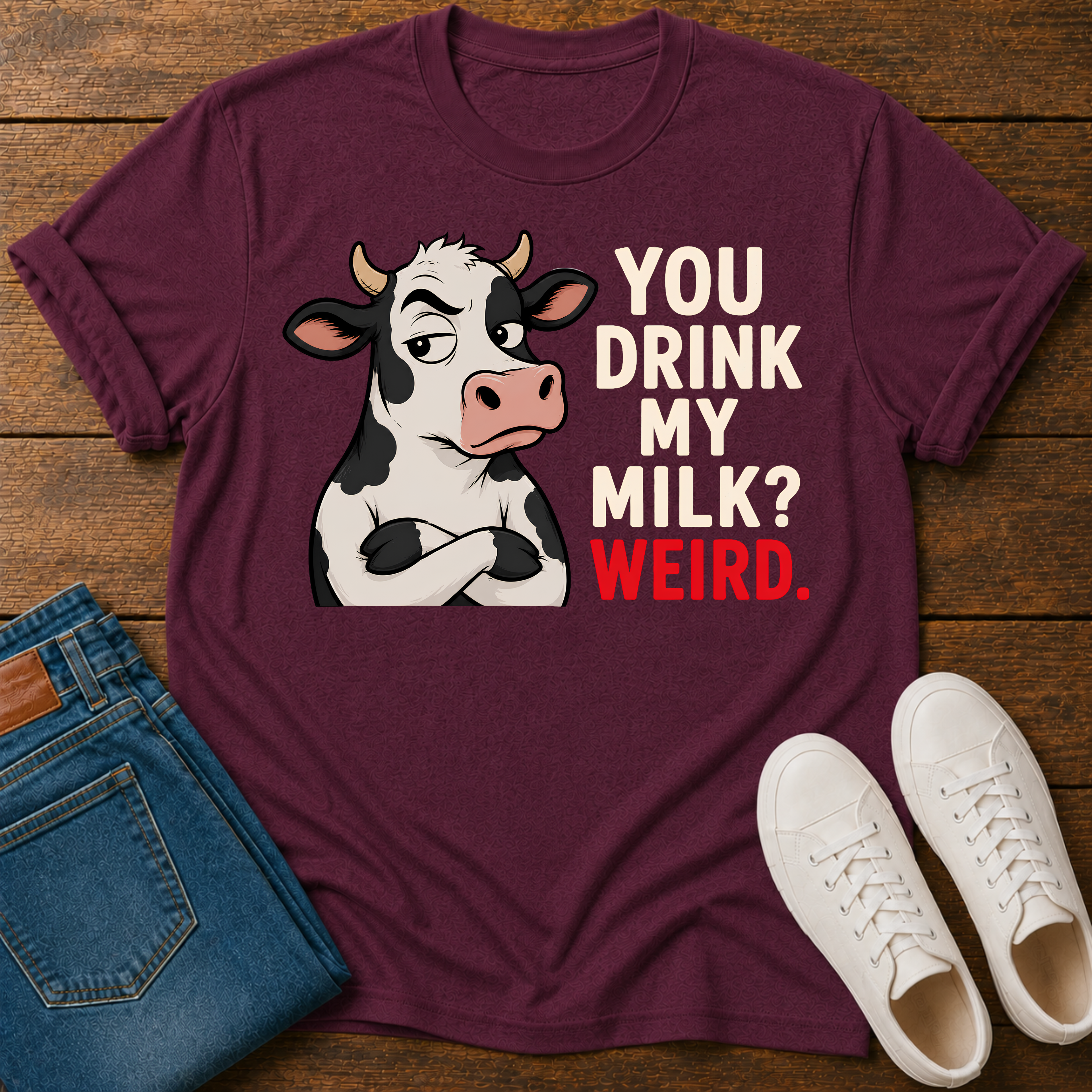 A maroon short-sleeve crewneck t-shirt featuring a graphic of a cartoon cow with crossed arms next to the text 'YOU DRINK MY MILK? WEIRD.' in cream and red lettering, shown on a plain white background.