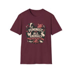 A maroon short-sleeve graphic T-shirt The shirt features a large front print with illustrated farm animals and the text 'FEMINIST FOR ALL ANIMALS YES, ALL OF THEM.