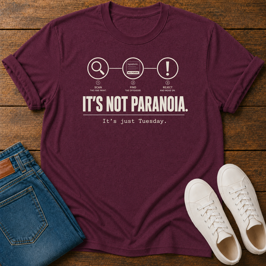 A maroon short-sleeve graphic T-shirt laid flat on a wooden surface, styled with folded blue jeans and white sneakers.  text 'it's not paranoia it's a tuesday'
