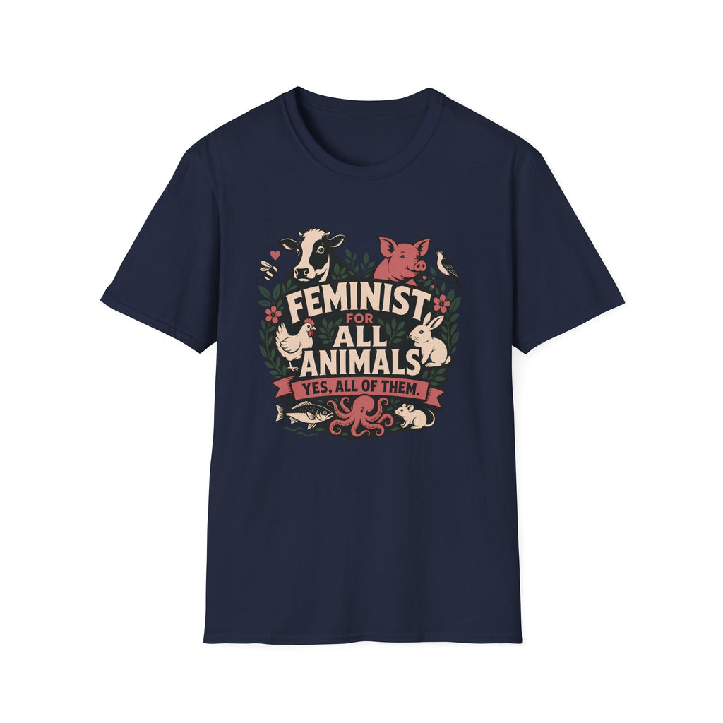 A navy blue short-sleeve graphic T-shirt The shirt features a large front print with illustrated farm animals and the text 'FEMINIST FOR ALL ANIMALS YES, ALL OF THEM.