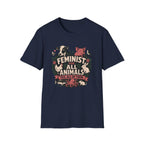 A navy blue short-sleeve graphic T-shirt The shirt features a large front print with illustrated farm animals and the text 'FEMINIST FOR ALL ANIMALS YES, ALL OF THEM.