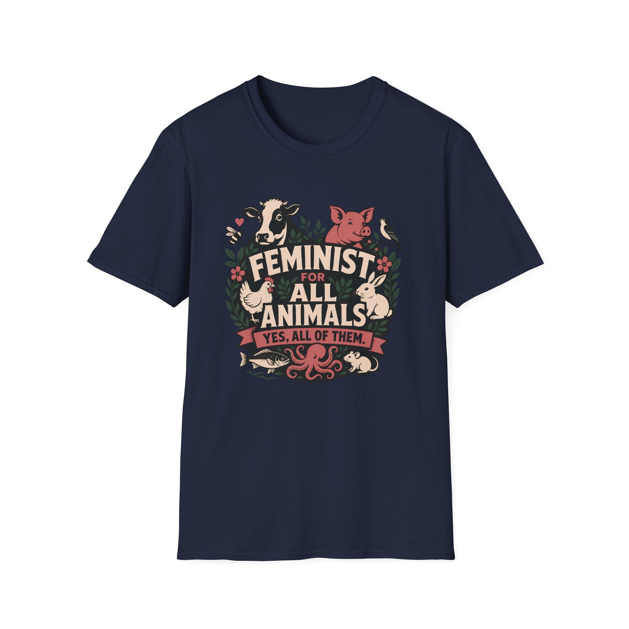 A navy blue short-sleeve graphic T-shirt The shirt features a large front print with illustrated farm animals and the text 'FEMINIST FOR ALL ANIMALS YES, ALL OF THEM.