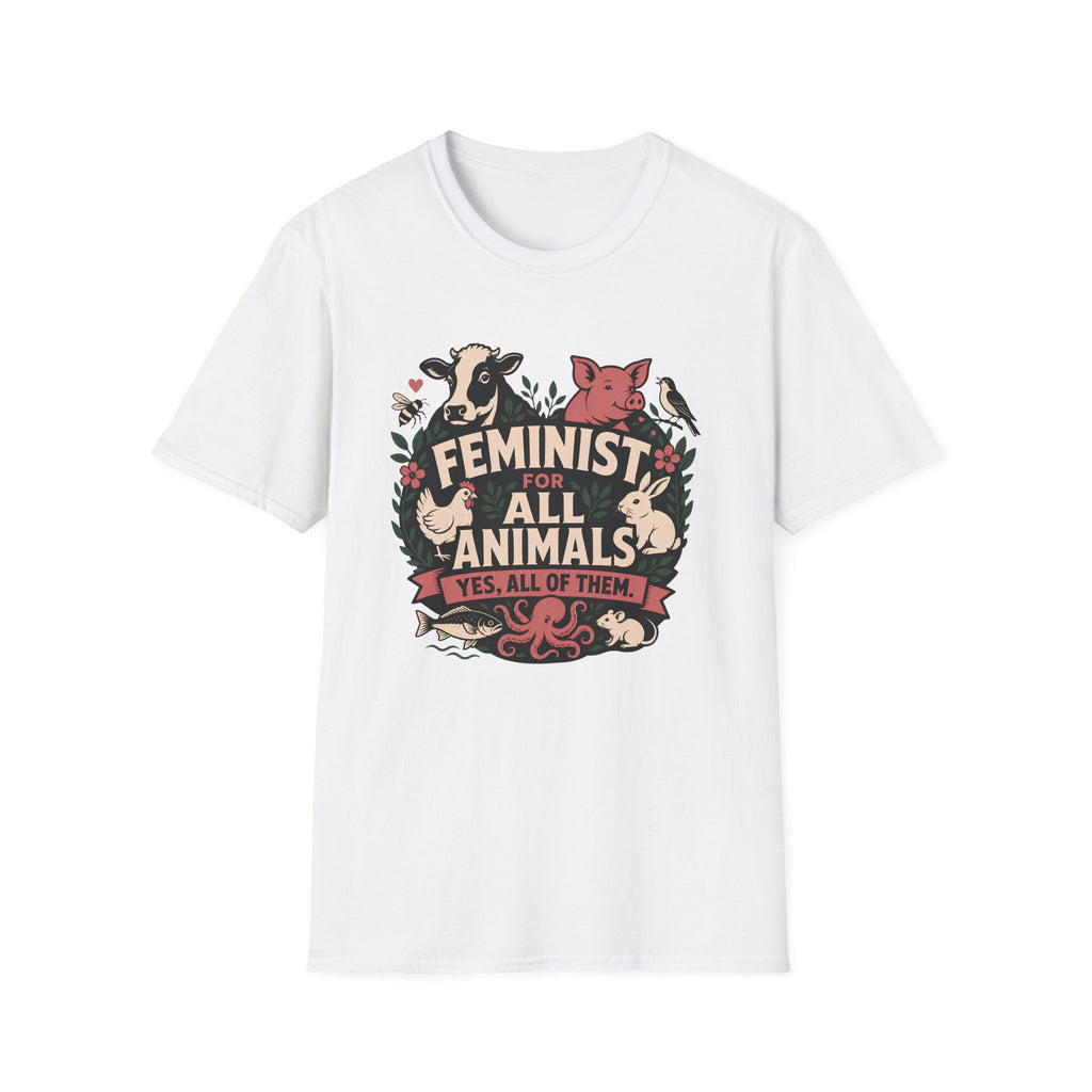 A white short-sleeve crewneck t-shirt featuring a central graphic print with the text 'FEMINIST FOR ALL ANIMALS' and 'YES, ALL OF THEM' surrounded by illustrations of various animals in earthy tones.