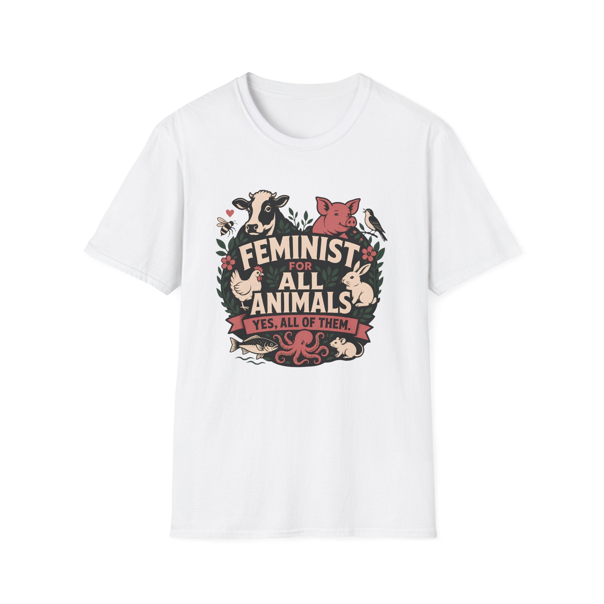 A white short-sleeve crewneck t-shirt featuring a central graphic print with the text 'FEMINIST FOR ALL ANIMALS' and 'YES, ALL OF THEM' surrounded by illustrations of various animals in earthy tones.