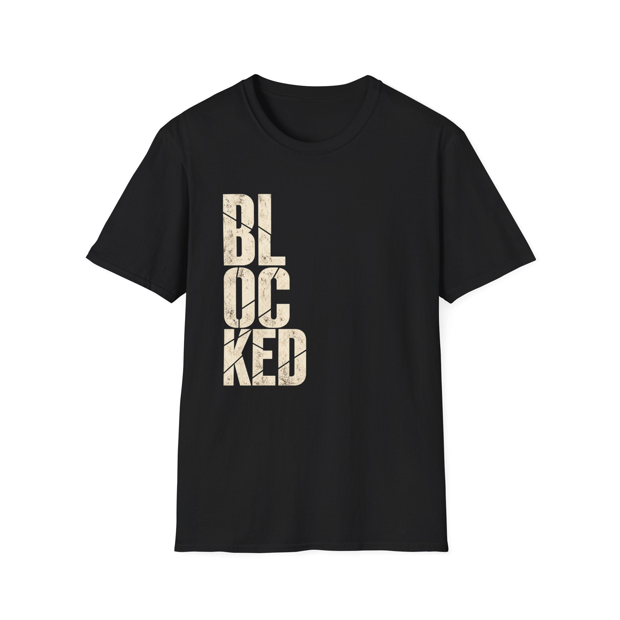 A black short-sleeve crewneck t-shirt featuring the word 'BLOCKED' printed vertically on the front in a distressed beige font, shown against a plain white background.