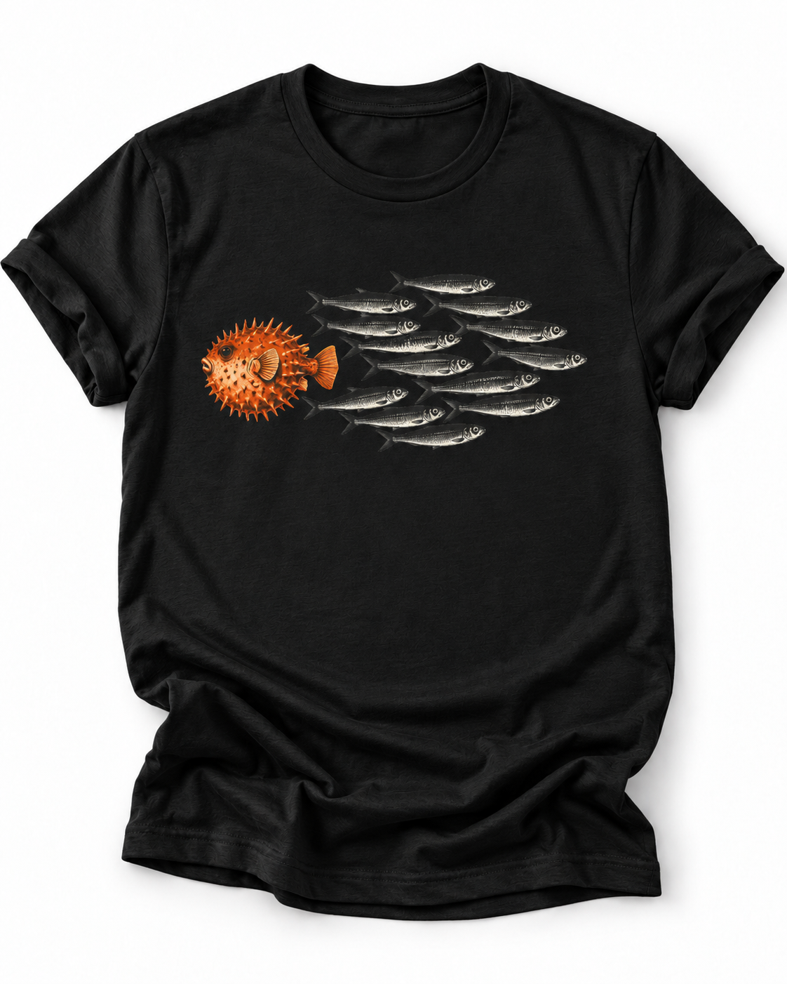 Black Minimal graphic design featuring a bold orange pufferfish swimming in the opposite direction of a school of black sardines on a plain background.