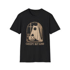 Black halloween t=shirt with car and pumpkin graphic and text 'creepy but kind'