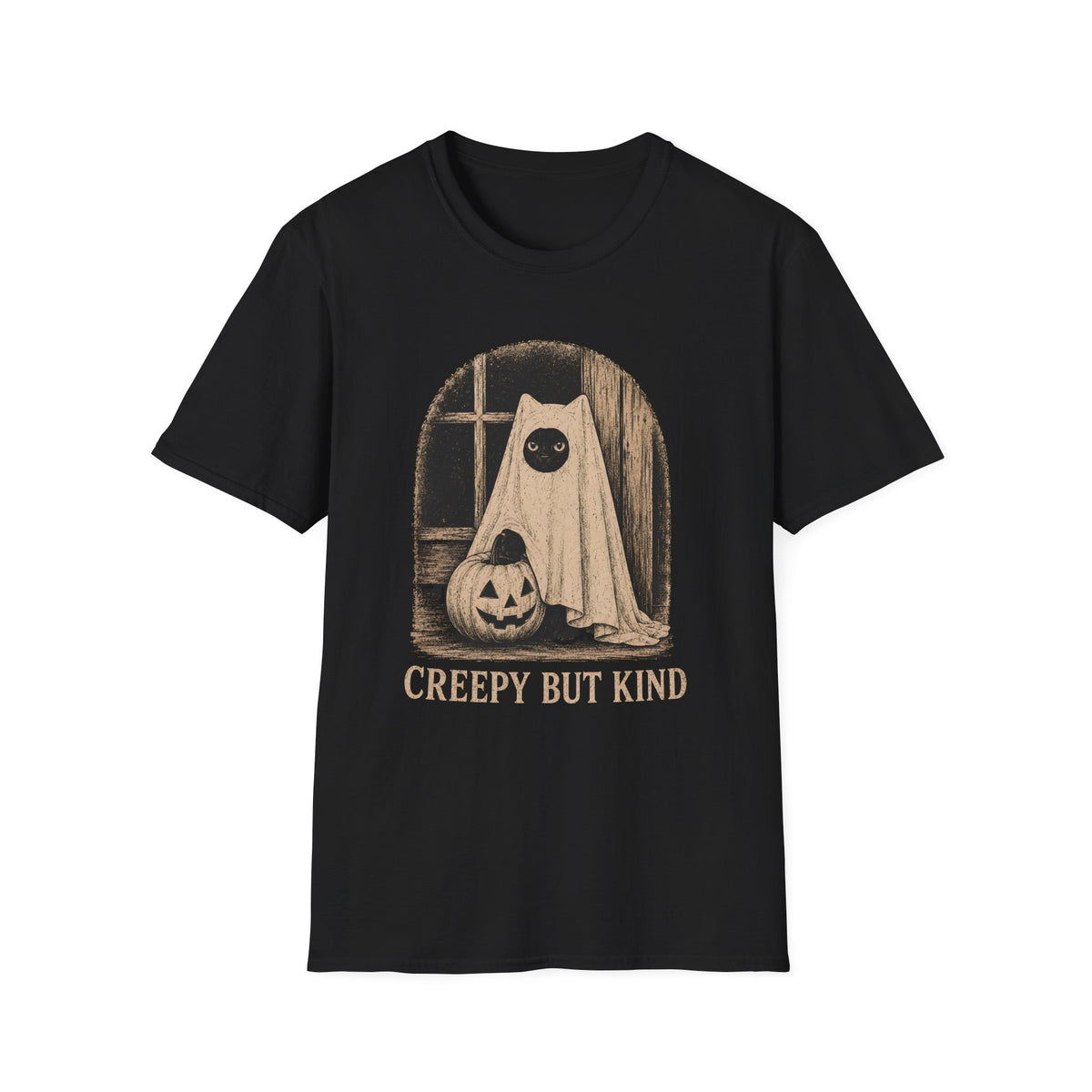 Black halloween t=shirt with car and pumpkin graphic and text 'creepy but kind'
