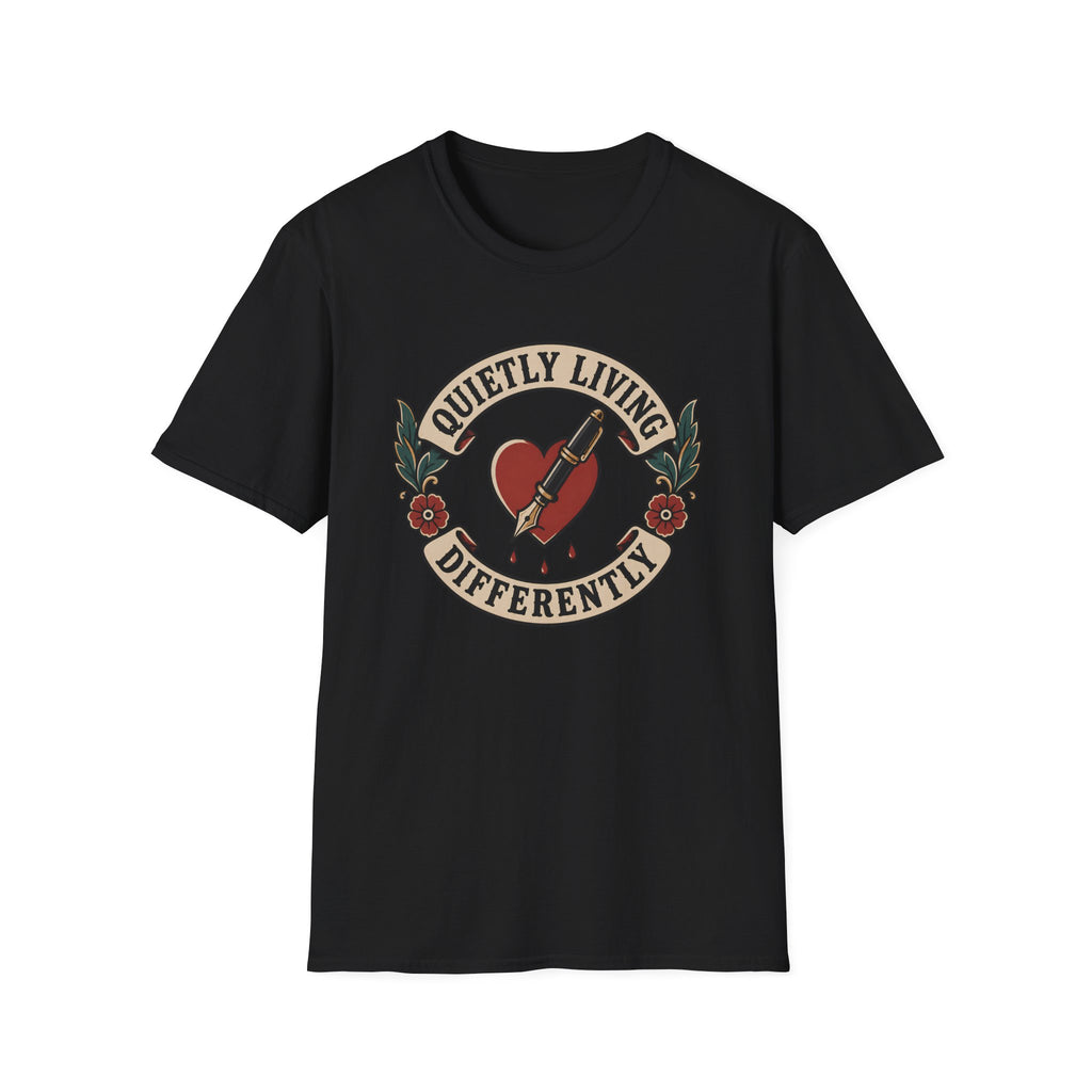 Traditional tattoo-inspired design featuring a heart pierced by a fountain pen with the words "Quietly Living Differently."
