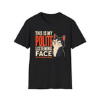Black t-shirt with a cat graphic and text on a white background with text 'this is my polite listening face'