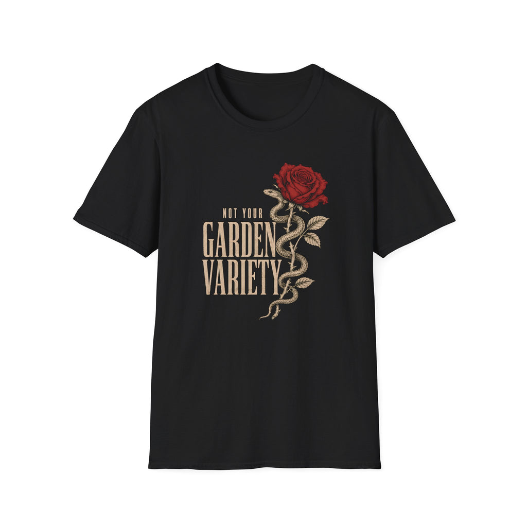 Black t-shirt with text 'not your garden variety' and image of a snake wrapped around a rose