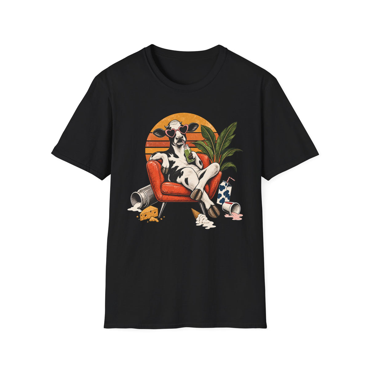A black short-sleeve crewneck t-shirt featuring a colorful graphic print of a cow lounging in an orange armchair against a sunset background.