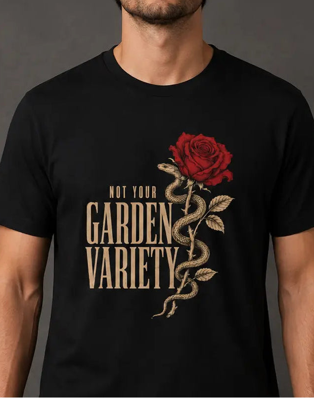 man wearing a black t-shirt with text 'not your garden variety and image of a snake wrapped around a rose