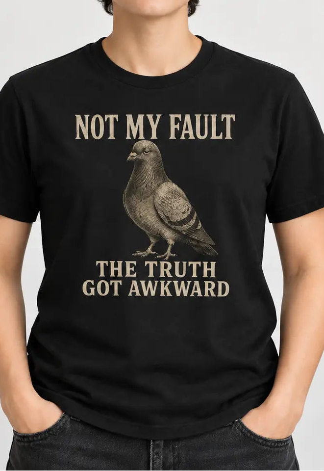 woman wearing a black tee with a pigeon graphic and text '