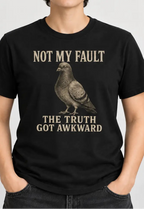 woman wearing a black tee with a pigeon graphic and text '