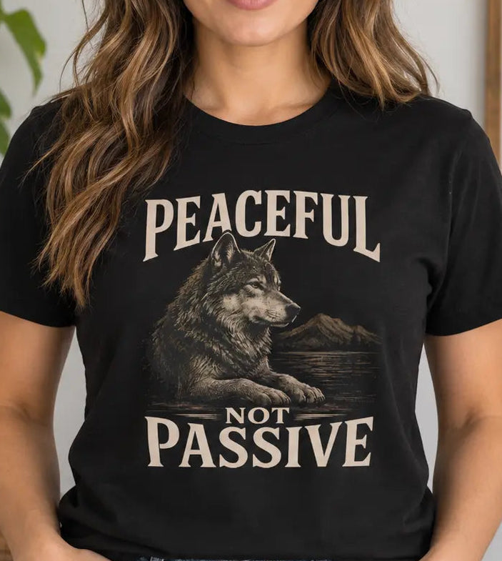 A woman wearing a black graphic t-shirt with a wolf illustration and the text 'PEACFUL NOT PASSIVE' in beige, paired with blue jeans in a bright indoor setting.