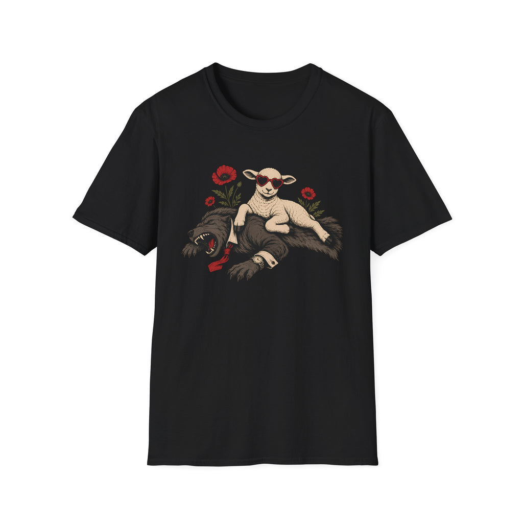 Black tee with graphic of a sheep lying on a wolf with red flowers surrounding