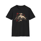 Black tee with graphic of a sheep lying on a wolf with red flowers surrounding