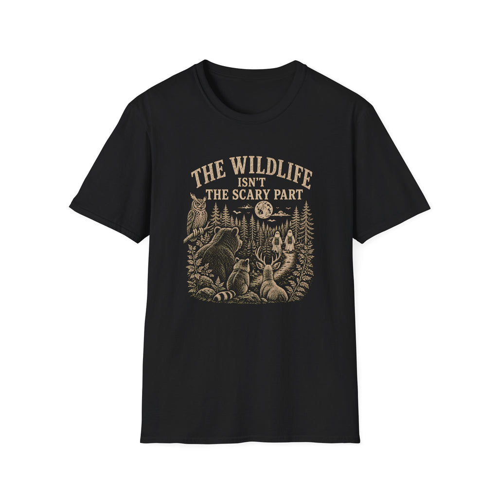 Black t-shirt with nature graphic of animals and halloween characters walking up a path and text 'the wildlife isn;t the scary part