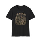 Black t-shirt with nature graphic of animals and halloween characters walking up a path and text 'the wildlife isn;t the scary part