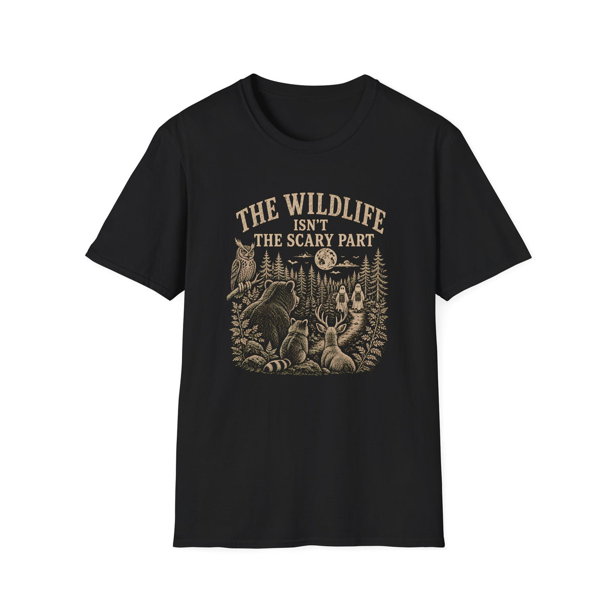 Black t-shirt with nature graphic of animals and halloween characters walking up a path and text 'the wildlife isn;t the scary part