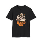 A black short-sleeve crewneck t-shirt featuring a retro-style graphic on the chest that reads 'SOFT HEART HARD NO' in beige and orange lettering, decorated with a small daisy flower.