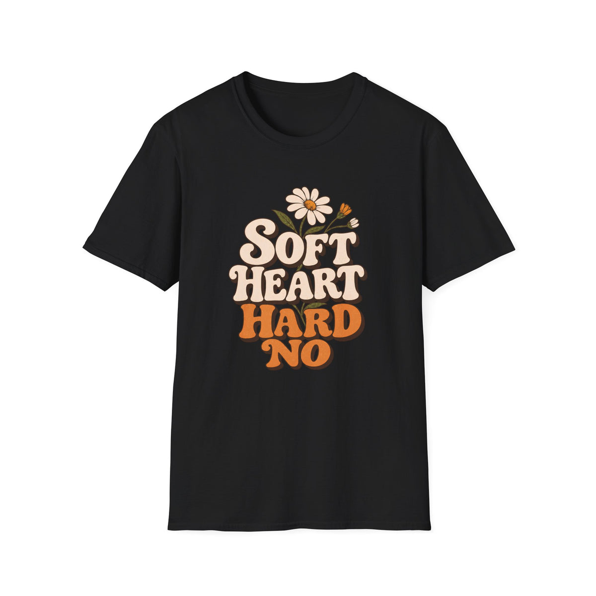 A black short-sleeve crewneck t-shirt featuring a retro-style graphic on the chest that reads 'SOFT HEART HARD NO' in beige and orange lettering, decorated with a small daisy flower.