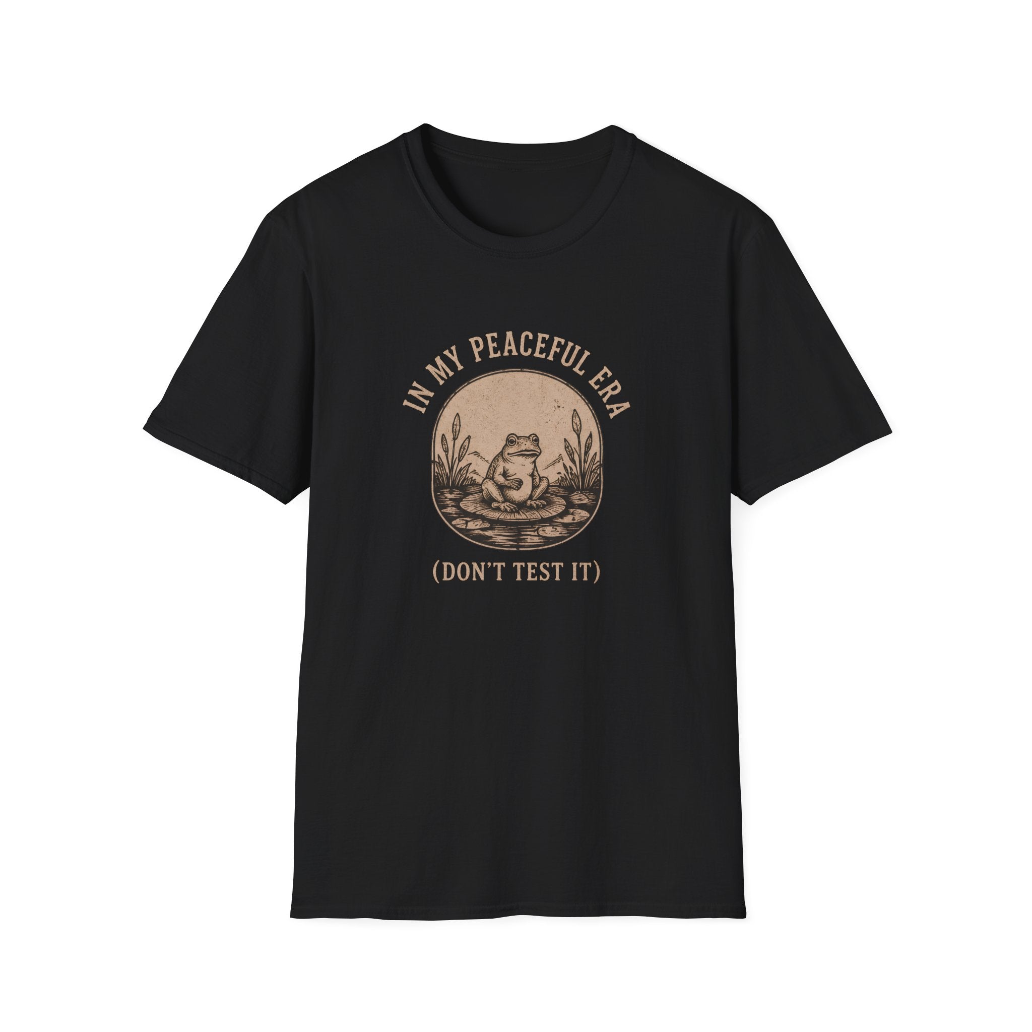 Black t-shirt with frog graphic and text 'in my peaceful era don't test it'