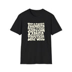 Black t-shirt with text 'reading the fine print since day one'