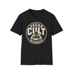 A black short-sleeve crewneck t-shirt featuring a circular graphic on the chest that reads 'VEGAN CULT MEMBER' in beige, with a green leafy sprig illustration in the center.