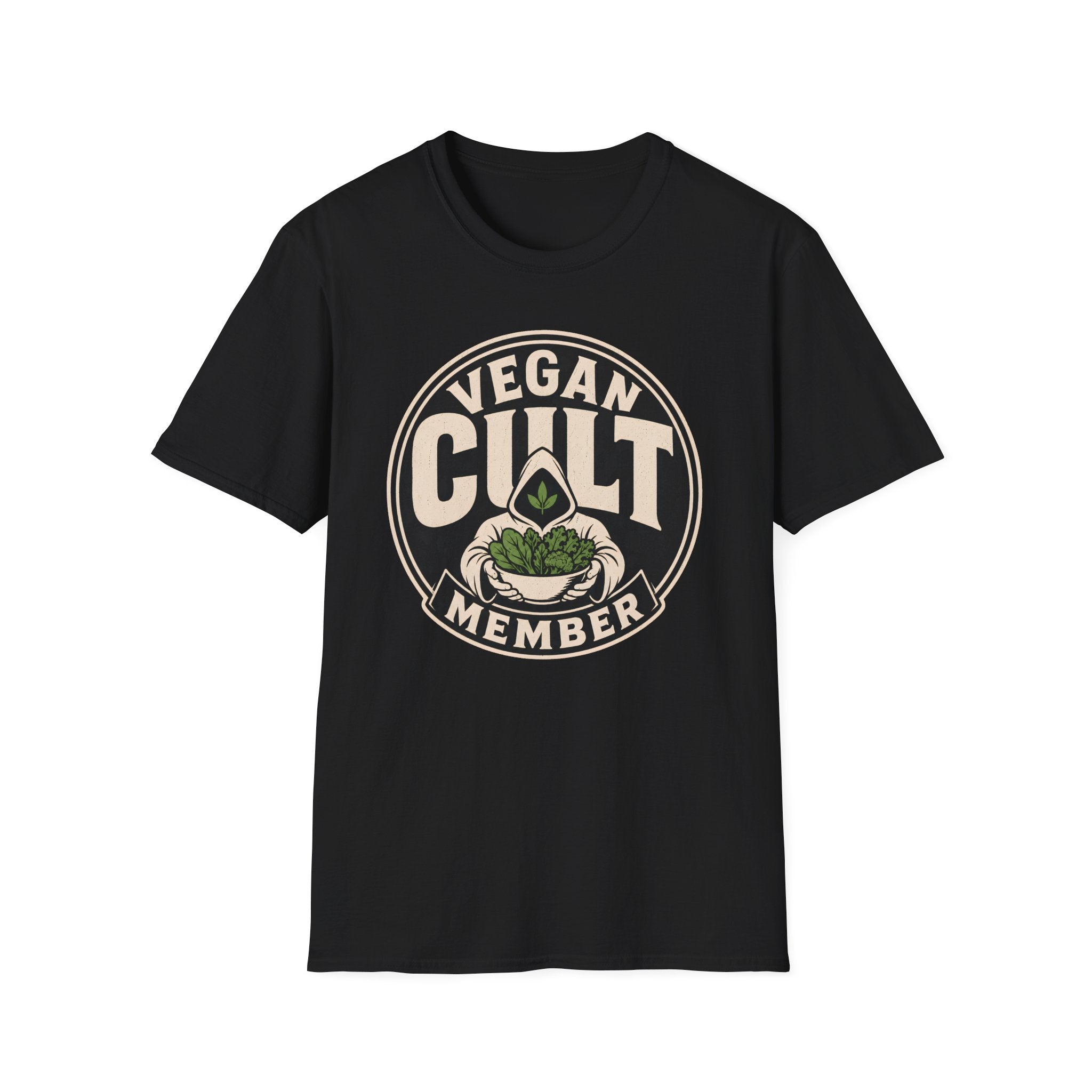 A black short-sleeve crewneck t-shirt featuring a circular graphic on the chest that reads 'VEGAN CULT MEMBER' in beige, with a green leafy sprig illustration in the center.